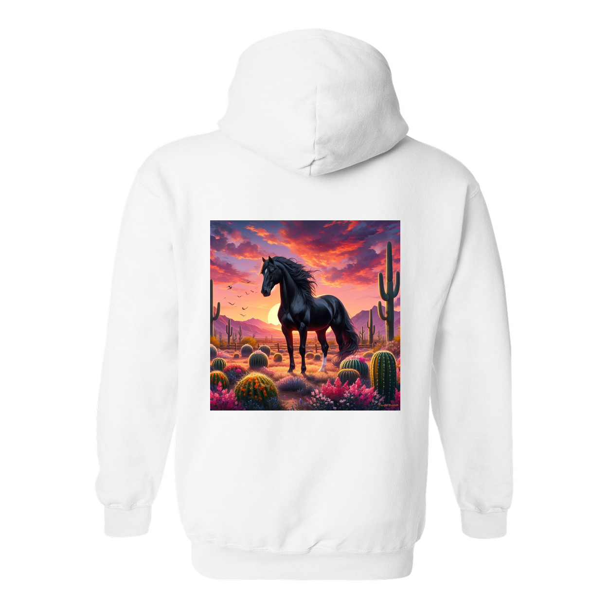 Black Stallion Desert Sunset Design on Back Front Pocket Hoodies