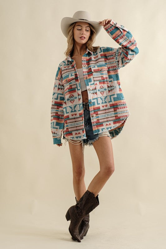 Frayed Aztec Western Shacket Beige or Teal