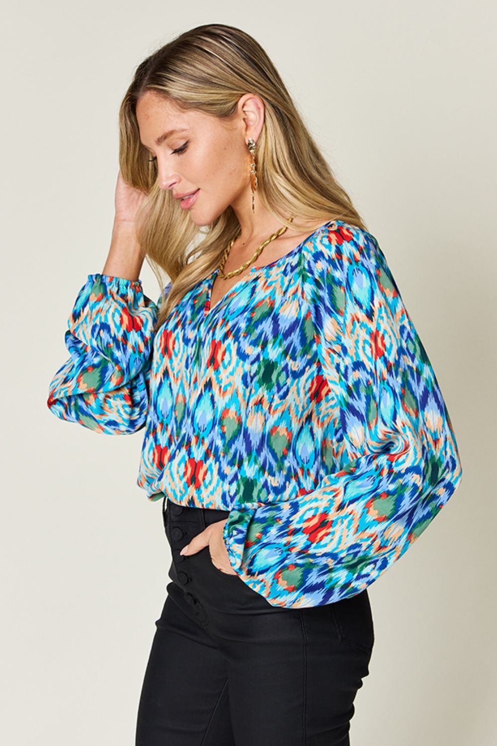 Double Take Full Size Printed Balloon Sleeve Blouse Choose Blue or Green