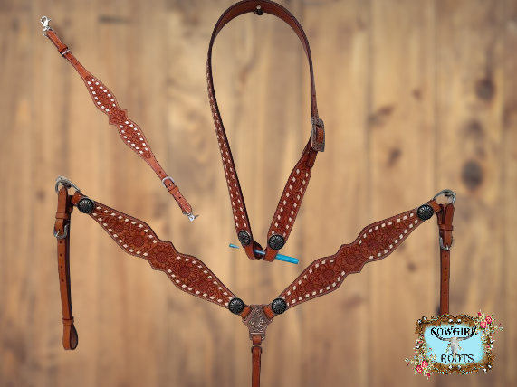 The Sam Sunflower Tooled Buck-Stitch Horse Tack bridle Set with Wither Strap