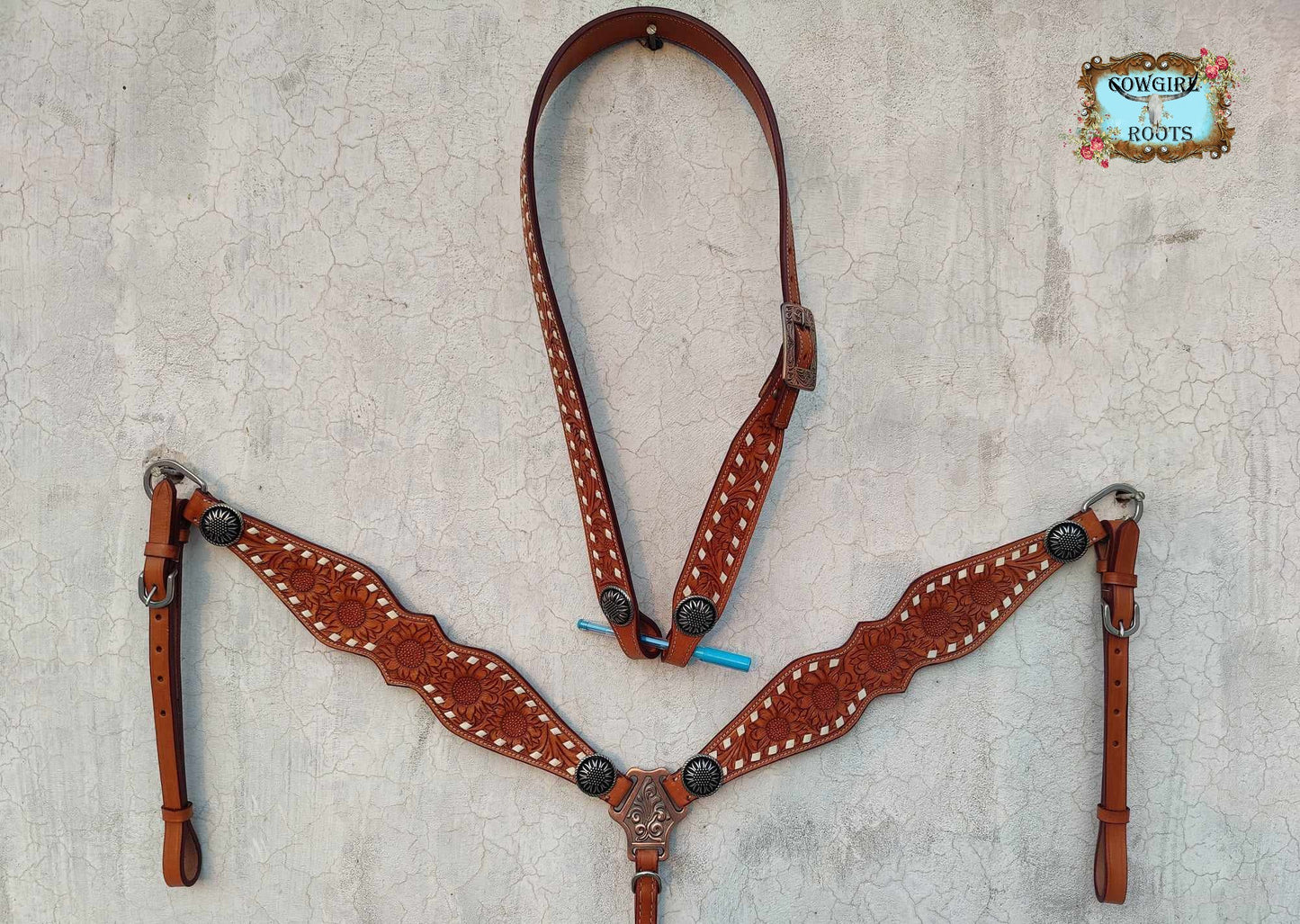 The Sam Sunflower Tooled Buck-Stitch Horse Tack bridle Set with Wither Strap