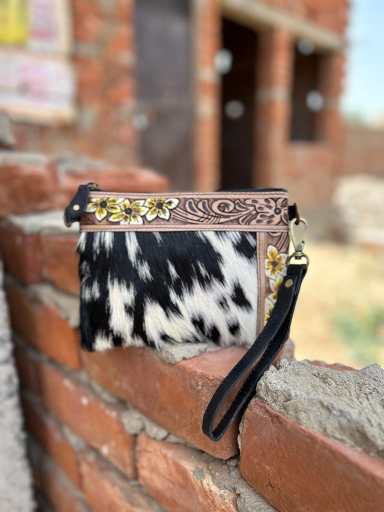 Flower and Classic Western Tooled Hair on Hide Cross Body/Wristlet 2 Different Straps