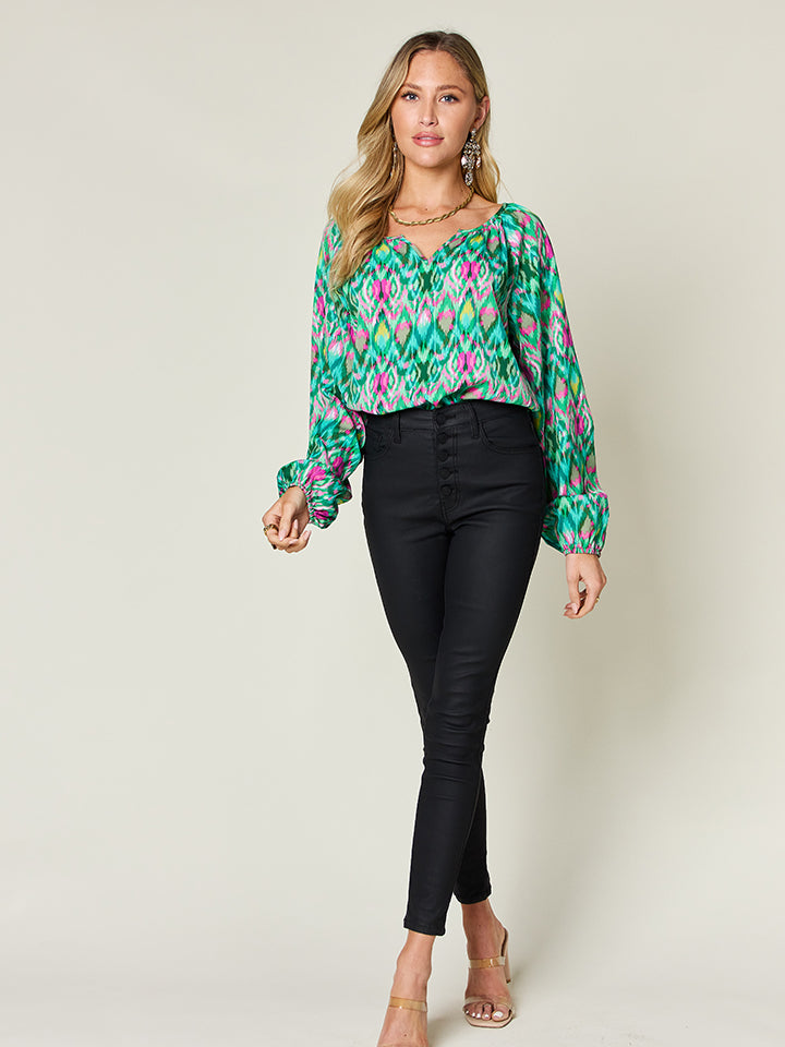 Double Take Full Size Printed Balloon Sleeve Blouse Choose Blue or Green