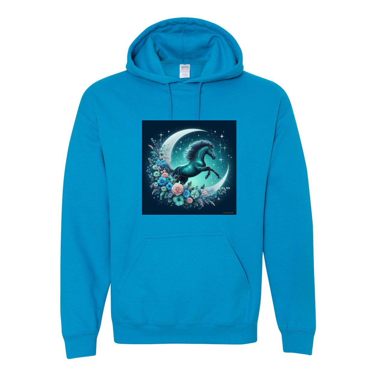 Moon Flowers Turquoise Horse Pull Over Front Pocket Hoodies