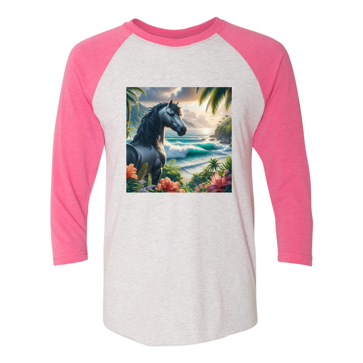 Tropical Grey Stallion Horse 3 4 Raglan T Shirts