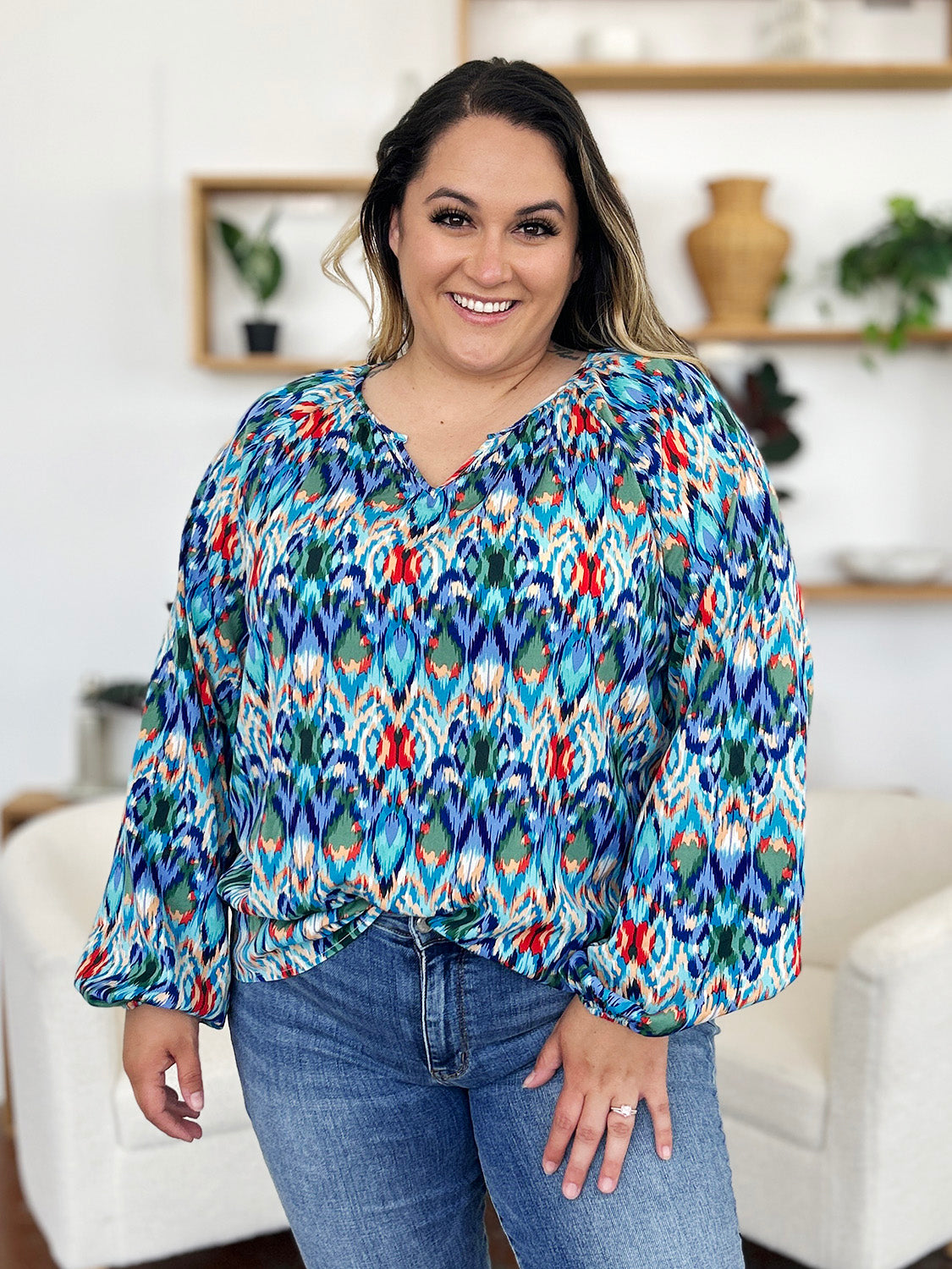 Double Take Full Size Printed Balloon Sleeve Blouse Choose Blue or Green