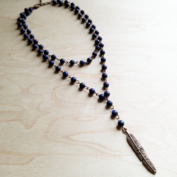 Double Strand Blue Lapis with Copper Feather Pendant