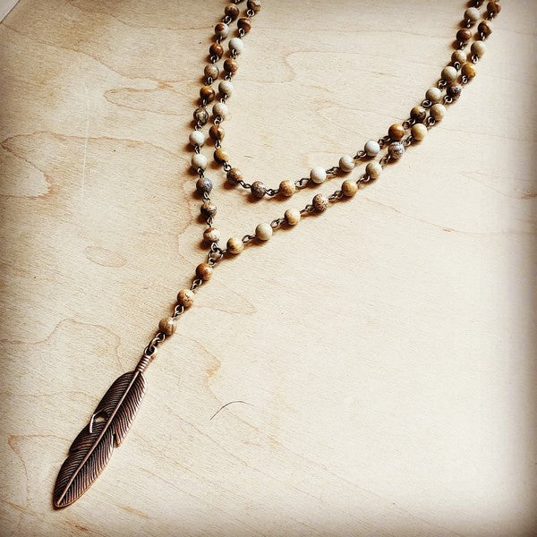 Double Strand Lariat Picture Jasper Necklace with Feather Pendant