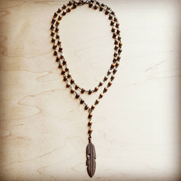 Double Strand Lariat Picture Jasper Necklace with Feather Pendant