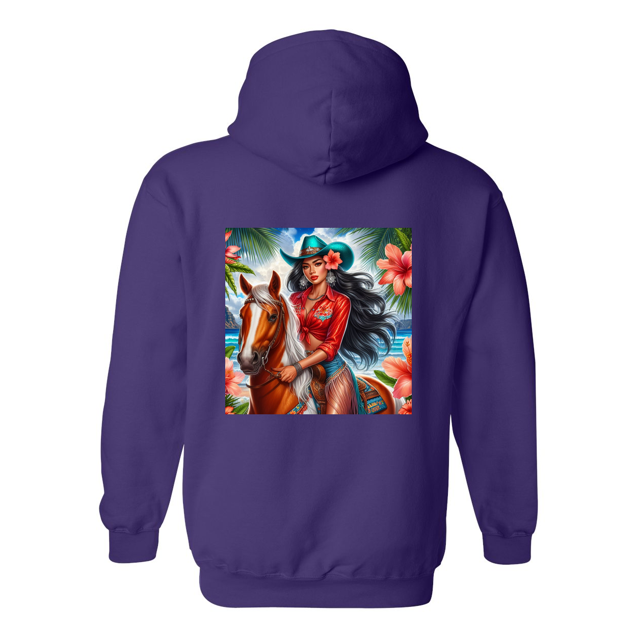 Hawaiian Cowgirl on Horse Design on Back Front Pocket Hoodies