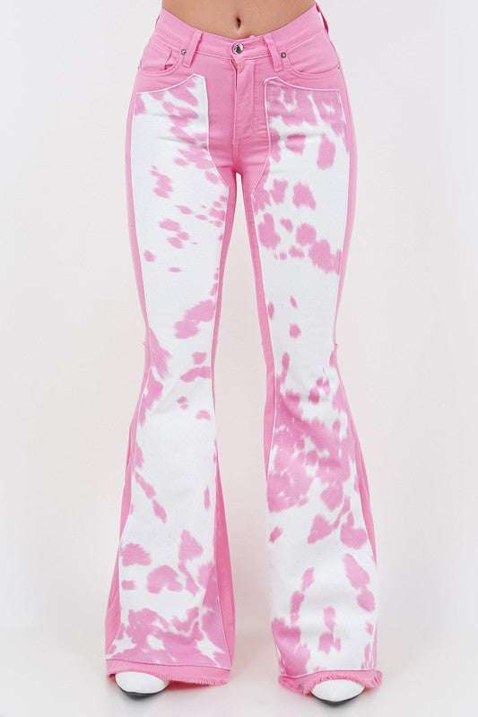 Rodeo Bell Bottom Cow Print Jean in Pink