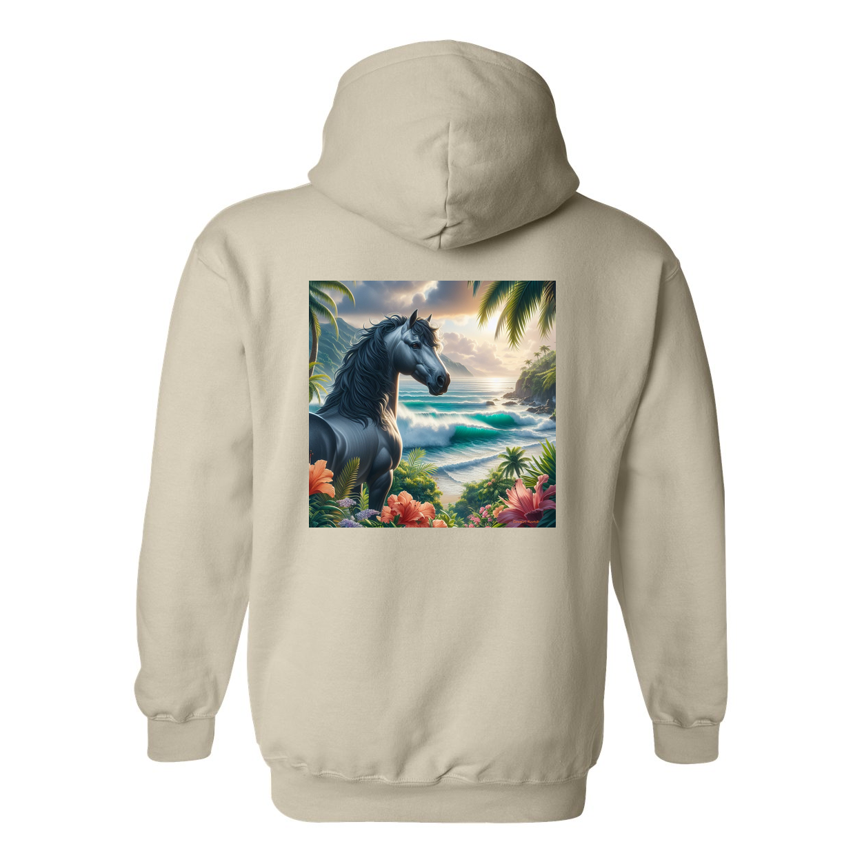 Tropical Grey Stallion Horse Design on Back Front Pocket Hoodies