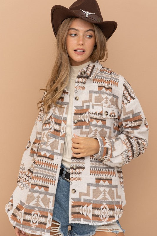 Frayed Aztec Western Shacket Beige or Teal