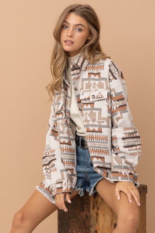 Frayed Aztec Western Shacket Beige or Teal