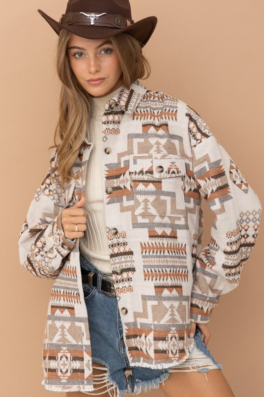 Frayed Aztec Western Shacket Beige or Teal