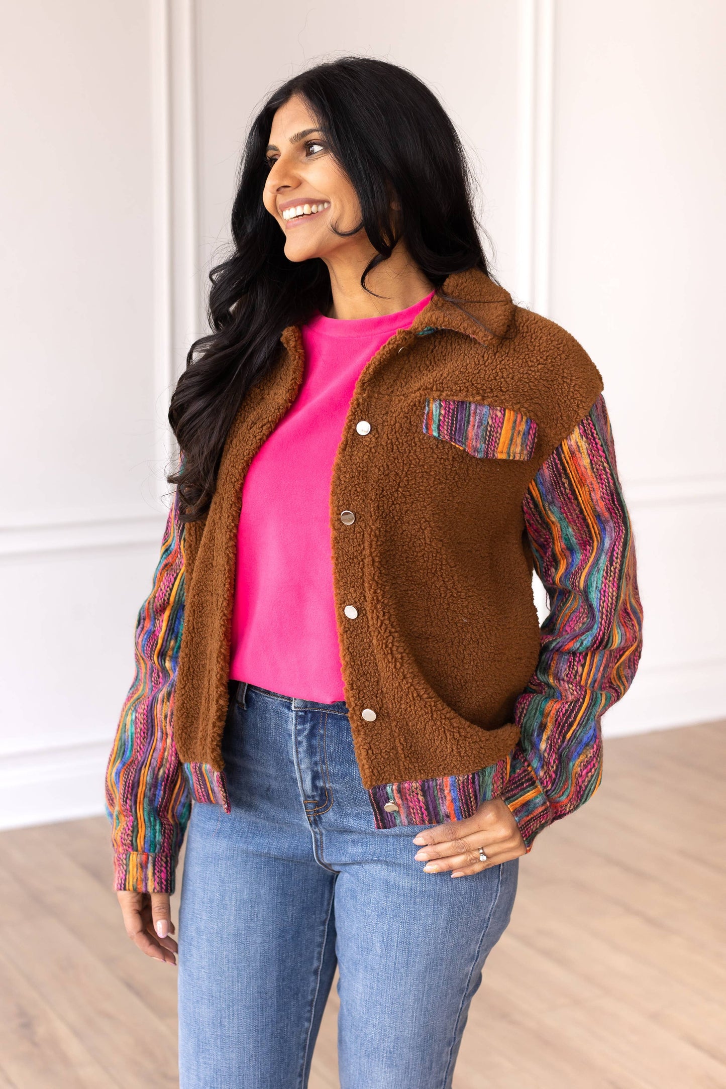 Brown Sherpa with Sassy Serape Multi-Colored Sleeves