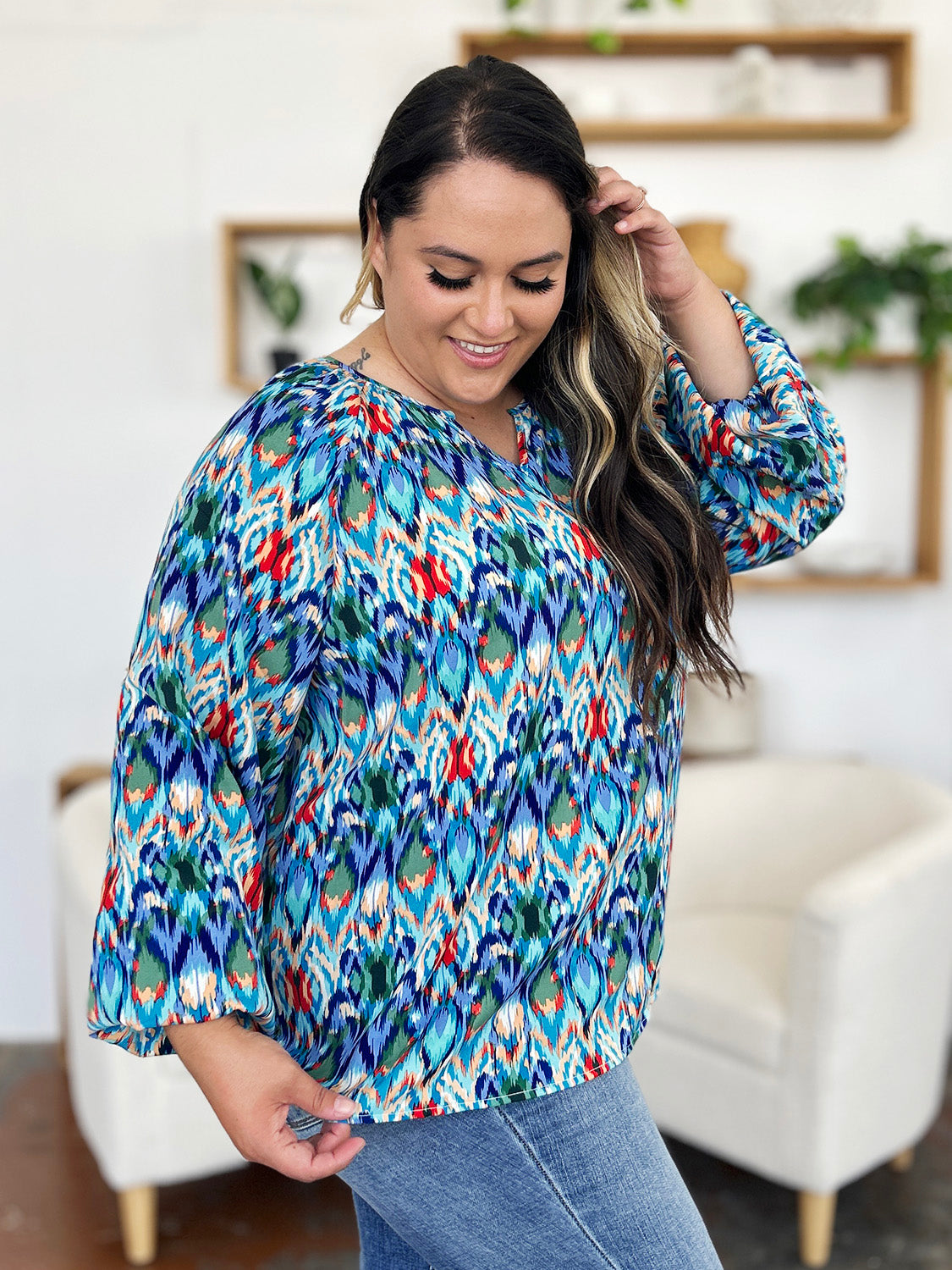 Double Take Full Size Printed Balloon Sleeve Blouse Choose Blue or Green