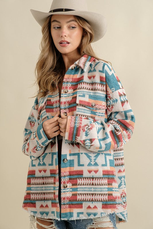 Frayed Aztec Western Shacket Beige or Teal