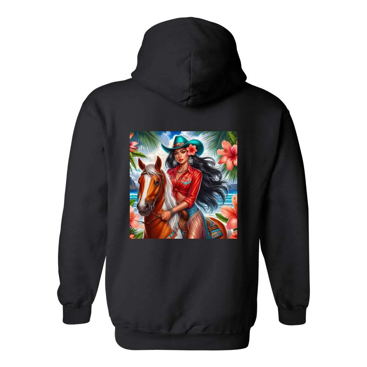 Hawaiian Cowgirl on Horse Design on Back Front Pocket Hoodies