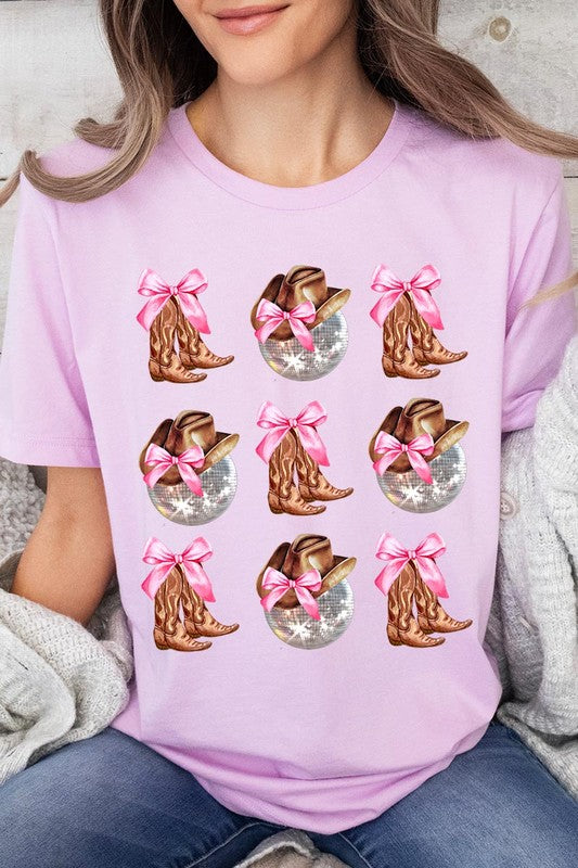 Cowgirl Boots Disco Ball Ribbon Graphic T Shirts 20 Colors