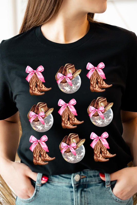 Cowgirl Boots Disco Ball Ribbon Graphic T Shirts 20 Colors