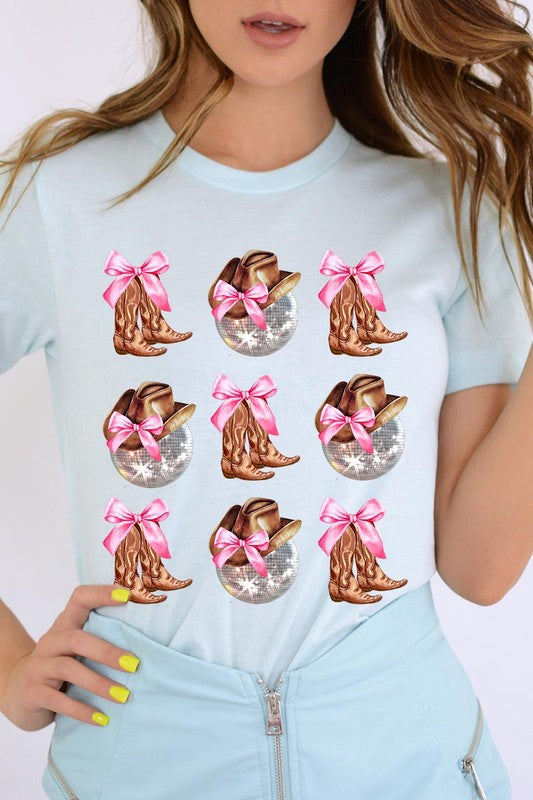 Cowgirl Boots Disco Ball Ribbon Graphic T Shirts 20 Colors