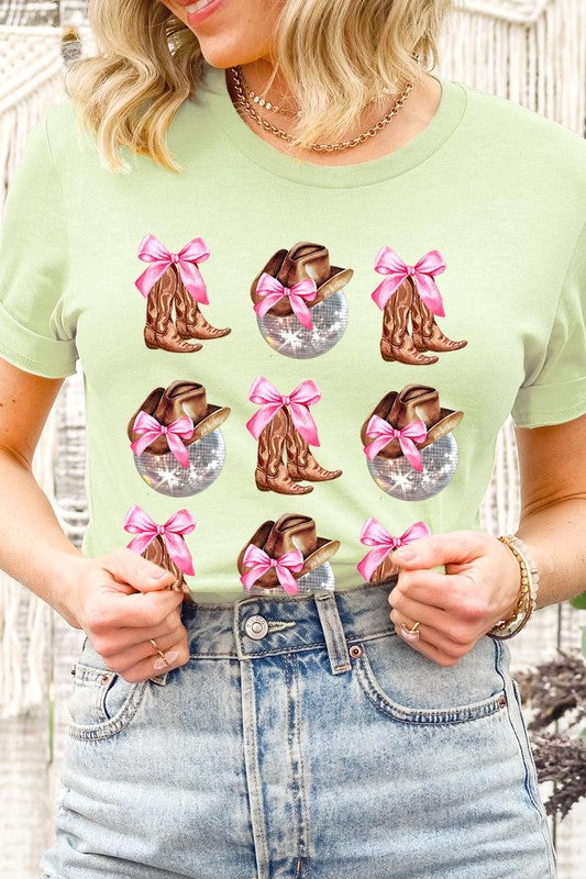 Cowgirl Boots Disco Ball Ribbon Graphic T Shirts 20 Colors