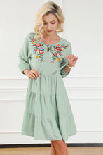Load image into Gallery viewer, Green Floral Embroidery Tiered Ruffle Hem Dress
