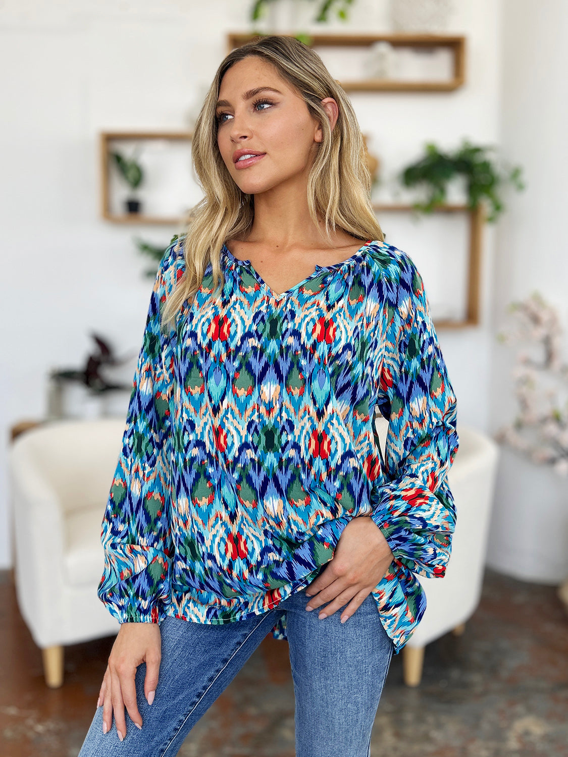 Double Take Full Size Printed Balloon Sleeve Blouse Choose Blue or Green