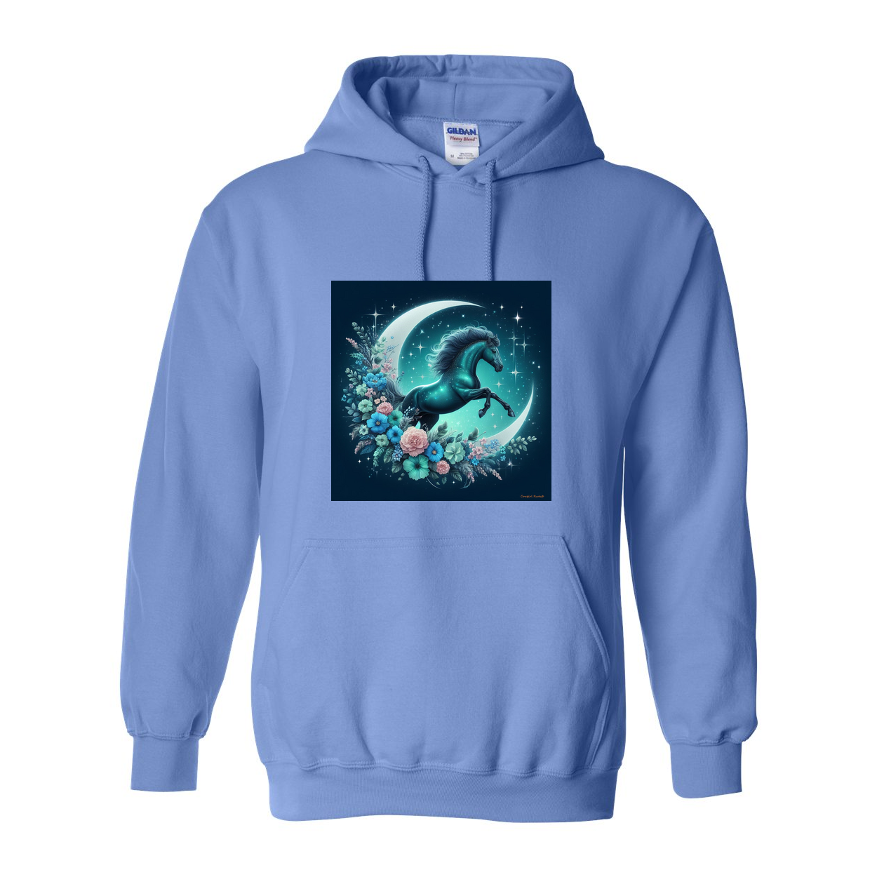 Moon Flowers Turquoise Horse Pull Over Front Pocket Hoodies