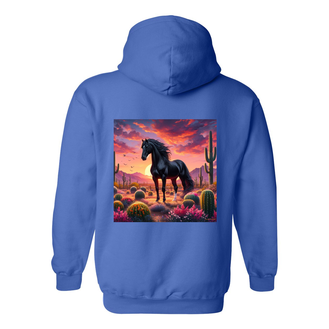 Black Stallion Desert Sunset Design on Back Front Pocket Hoodies