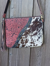 Load image into Gallery viewer, Dark Pink Filigree Leather with Brown and White Hair on Hide Cross Body Bag
