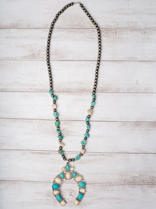 Don't Mess with Cowgirls Turquoise and White Howlite Squash Blossom Necklace Navajo Pearls Necklace