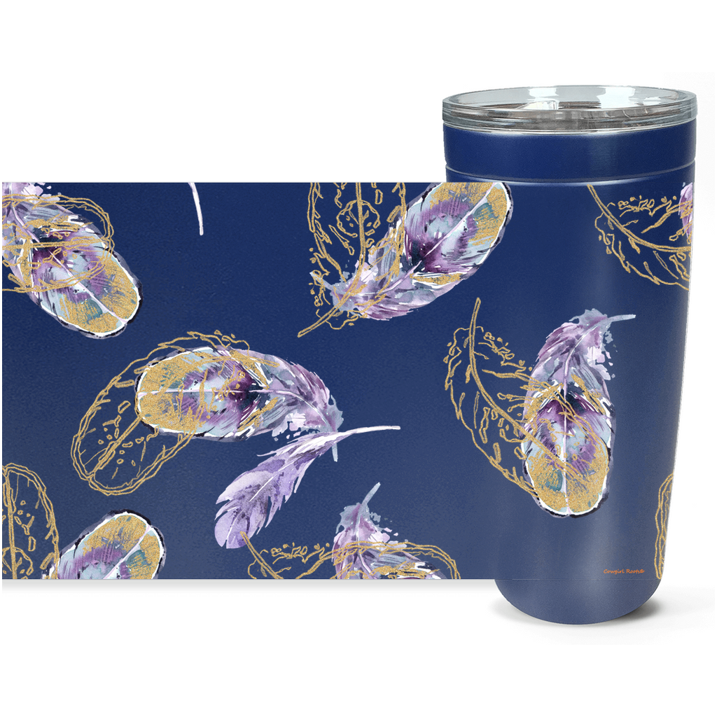 Cowgirl Roots™ Purple and Golden Feathers Tumbler 20oz Stainless Steel Insulated Hot and Cold Travel Mugs