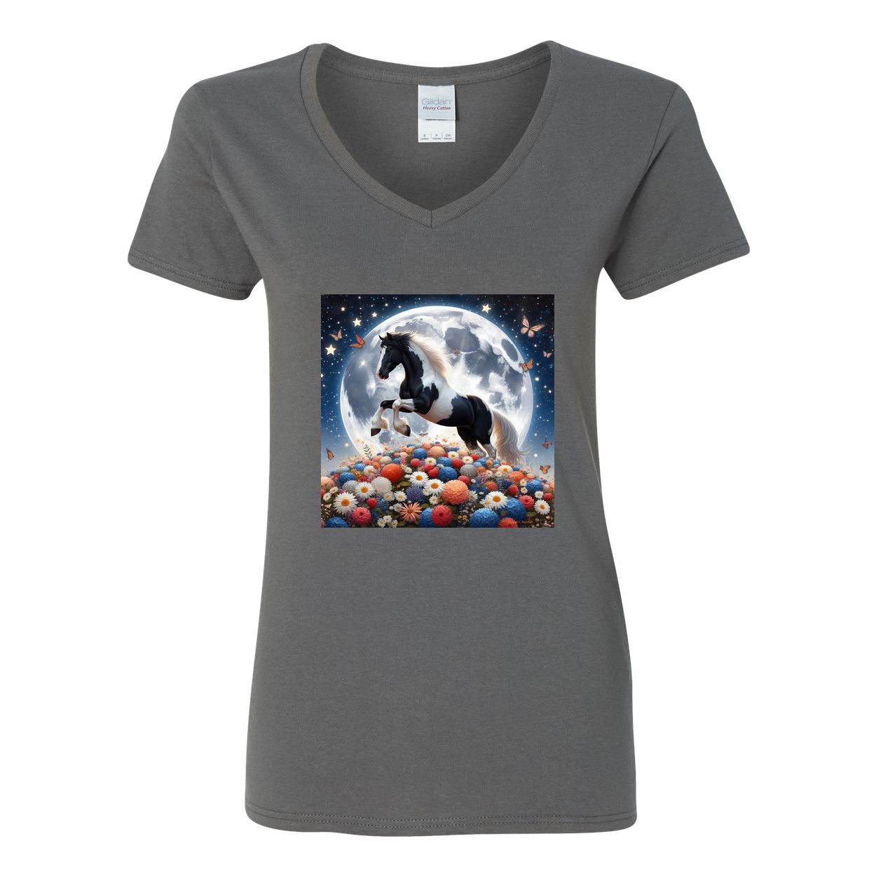 Spring Moon Horse V Neck T Shirts