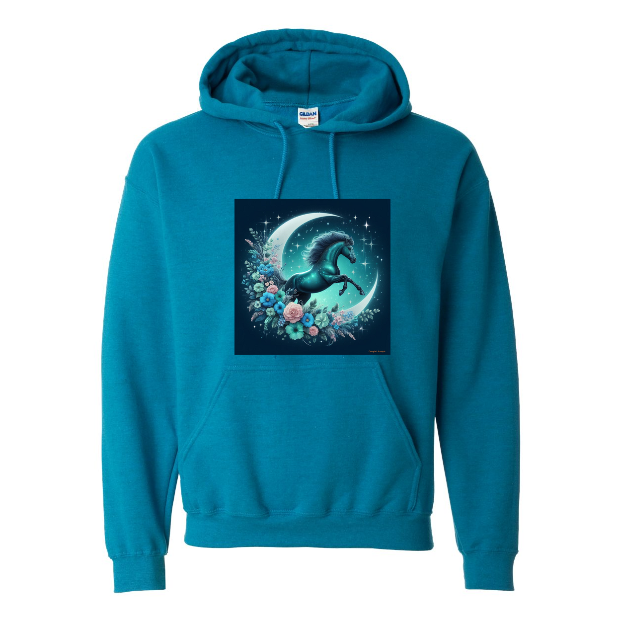 Moon Flowers Turquoise Horse Pull Over Front Pocket Hoodies