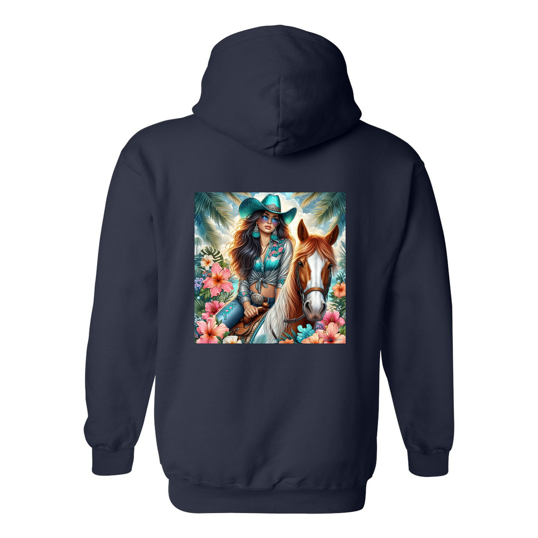 Cowgirl Tropics Design on Back Front Pocket Hoodies