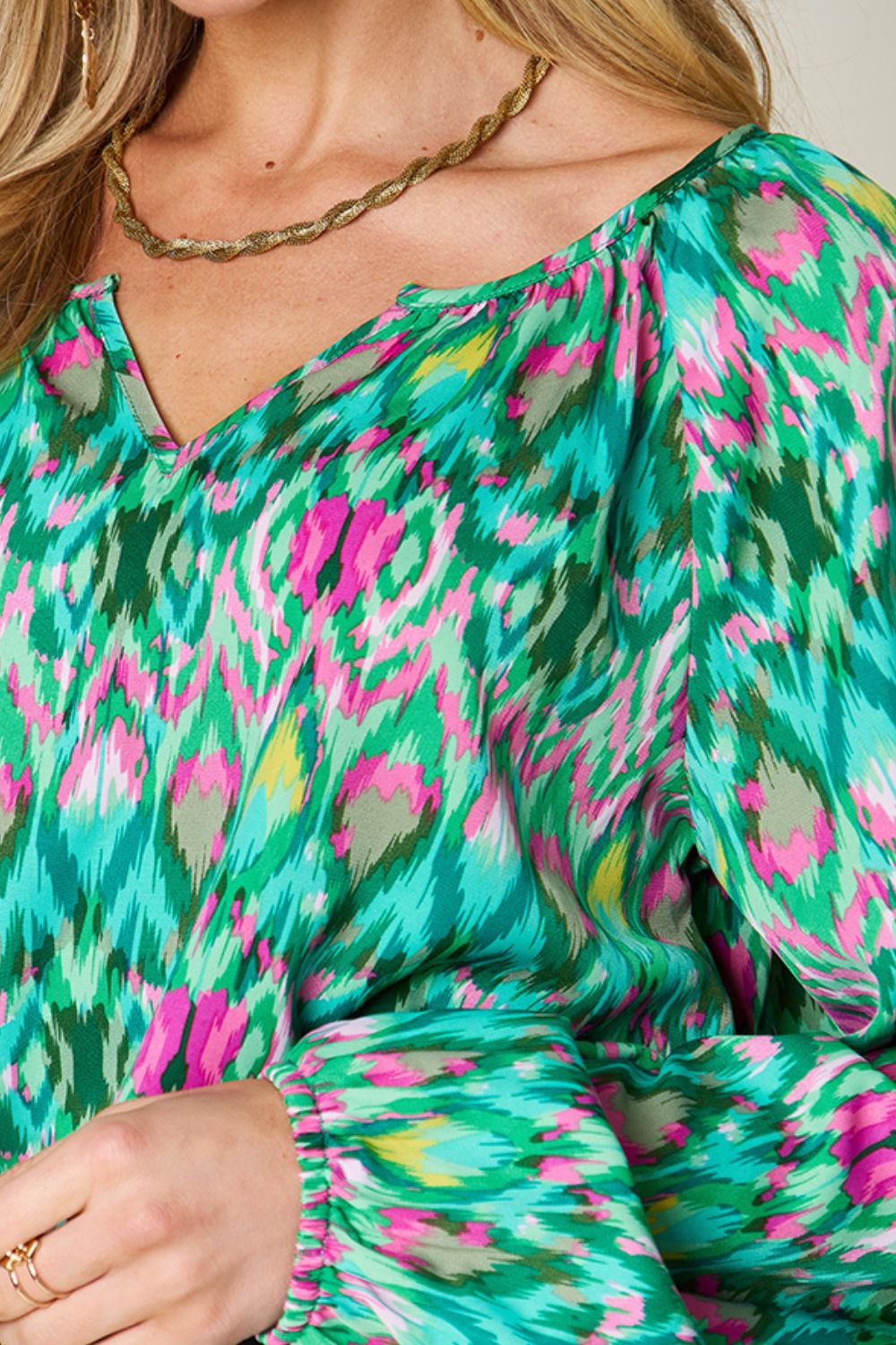 Double Take Full Size Printed Balloon Sleeve Blouse Choose Blue or Green