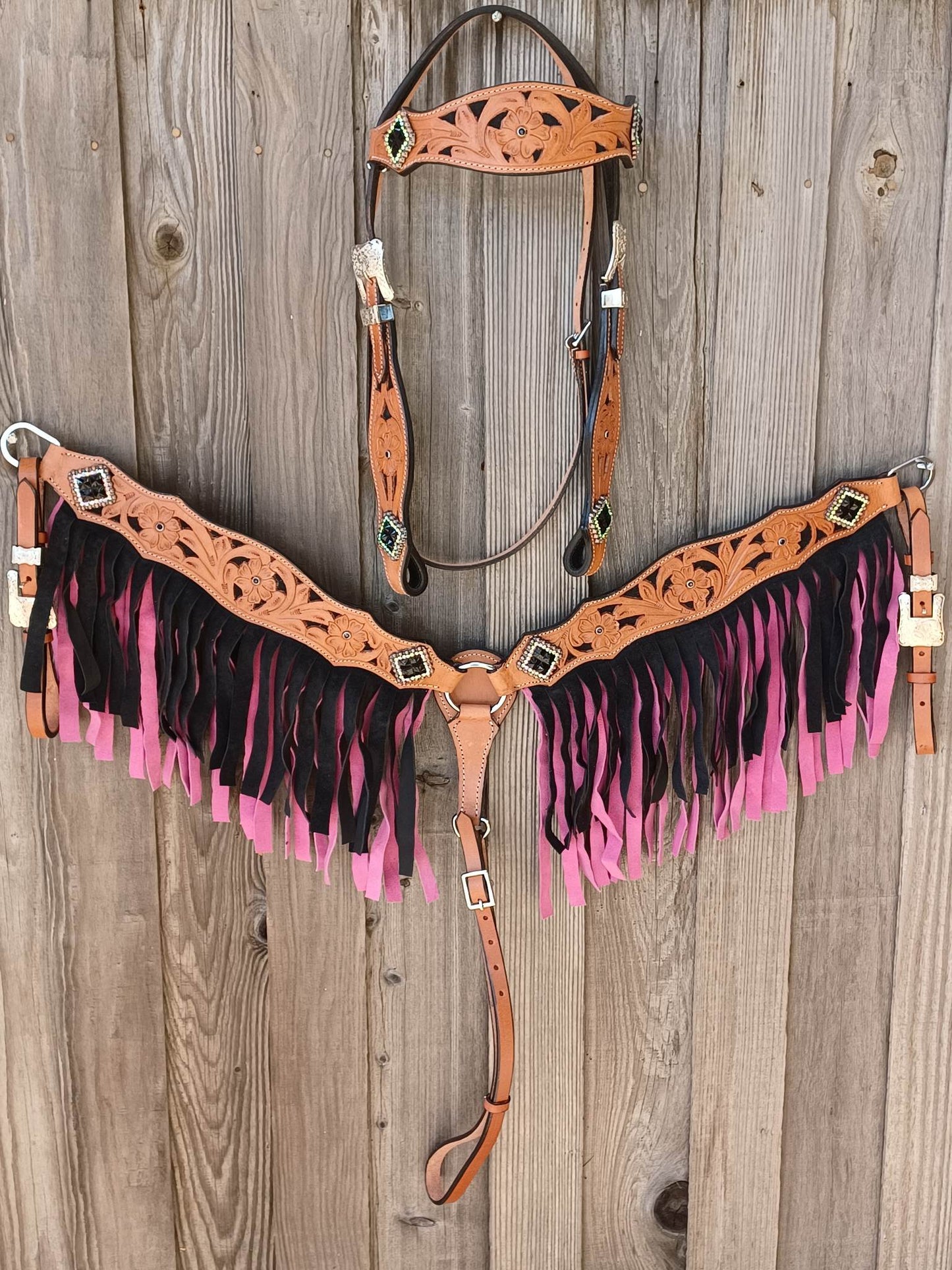 Western Blossom Pink Black Headstall Breast Collar Set Wither Strap