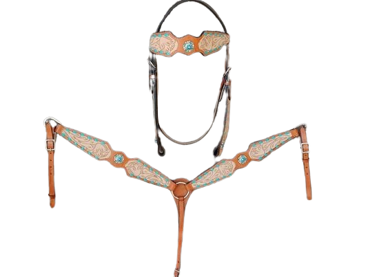 Turquoise Buck-Stitch Headstall Breast Collar Set