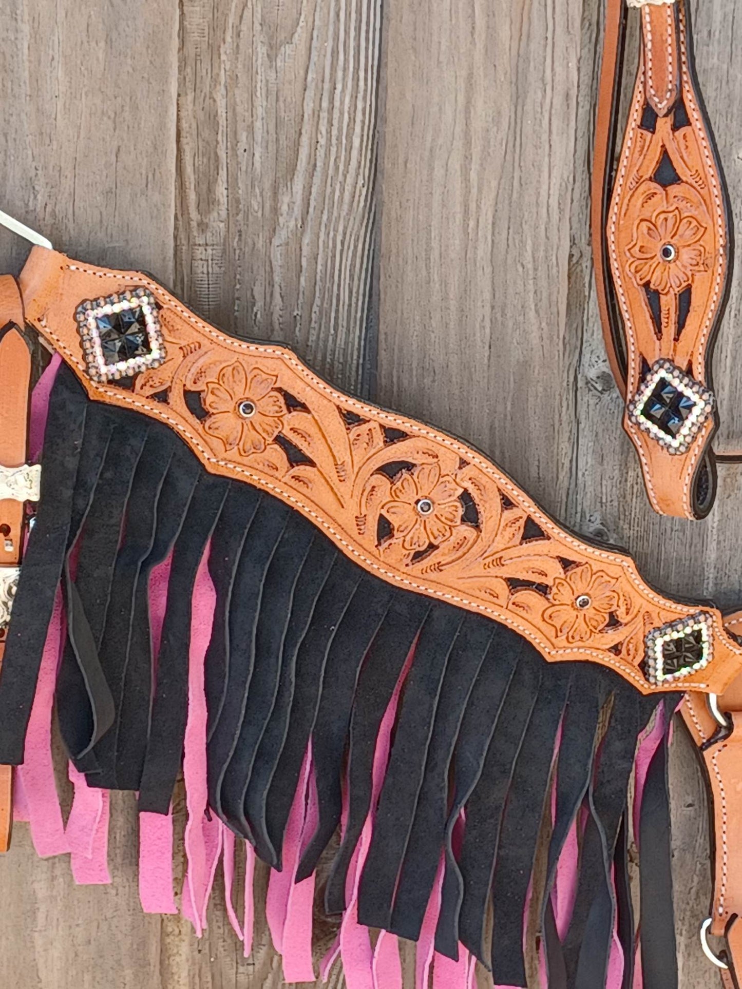 Western Blossom Pink Black Headstall Breast Collar Set Wither Strap