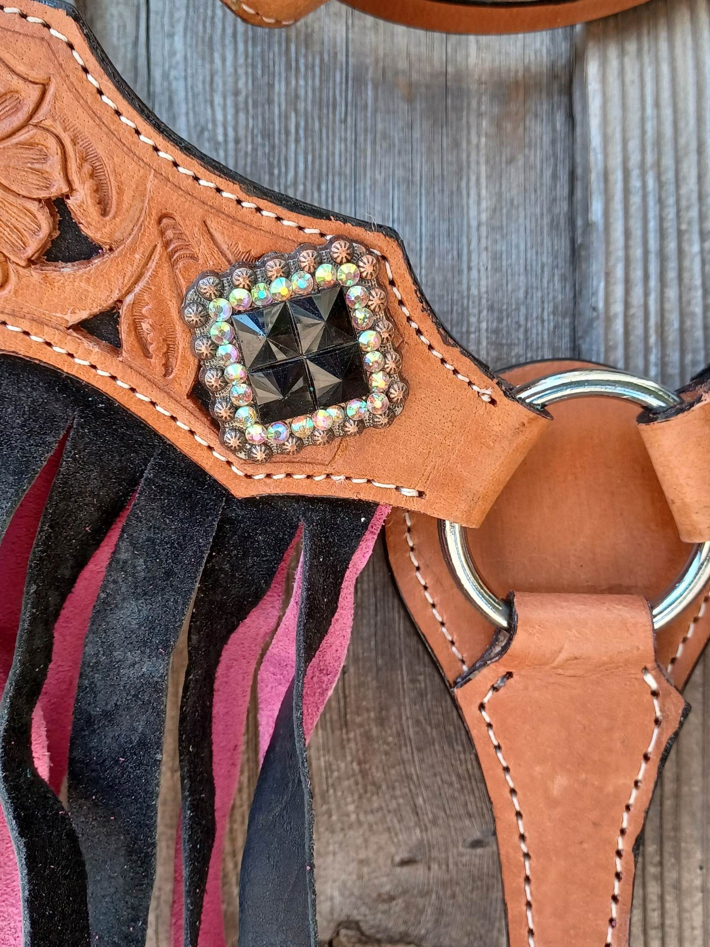 Western Blossom Pink Black Headstall Breast Collar Set Wither Strap