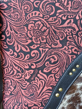 Load image into Gallery viewer, Dark Pink Filigree Leather with Brown and White Hair on Hide Cross Body Bag
