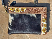Load image into Gallery viewer, Flower and Classic Western Tooled Hair on Hide Cross Body/Wristlet 2 Different Straps
