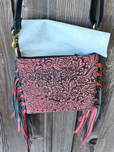 Load image into Gallery viewer, Carry All Genuine Dark Pink Red Filigree Leather and Hair on Hide with Fringe Crossbody Handbag
