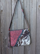 Load image into Gallery viewer, Dark Pink Filigree Leather with Brown and White Hair on Hide Cross Body Bag
