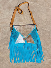 Load image into Gallery viewer, Hair on Hide and Turquoise Filigree Leather with Suede Fringe Cross Body Handbag

