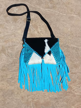 Load image into Gallery viewer, Hair on Hide and Turquoise Filigree Leather with Suede Fringe Cross Body Handbag
