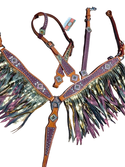 Viper Snake Pink Gold Double fringe, Horse Headstall and Breast Collar Set Fringe, Wither Strap