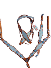 Load image into Gallery viewer, Sassy Turquoise Glitter Bling Horse Headstall and Breast Collar Set Wither Strap
